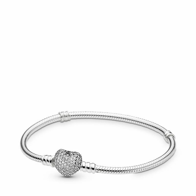 Pandora Moments Sparkling Heart & Snake Chain Bracelet Sale NZ, Sterling Silver (096714-LJS)